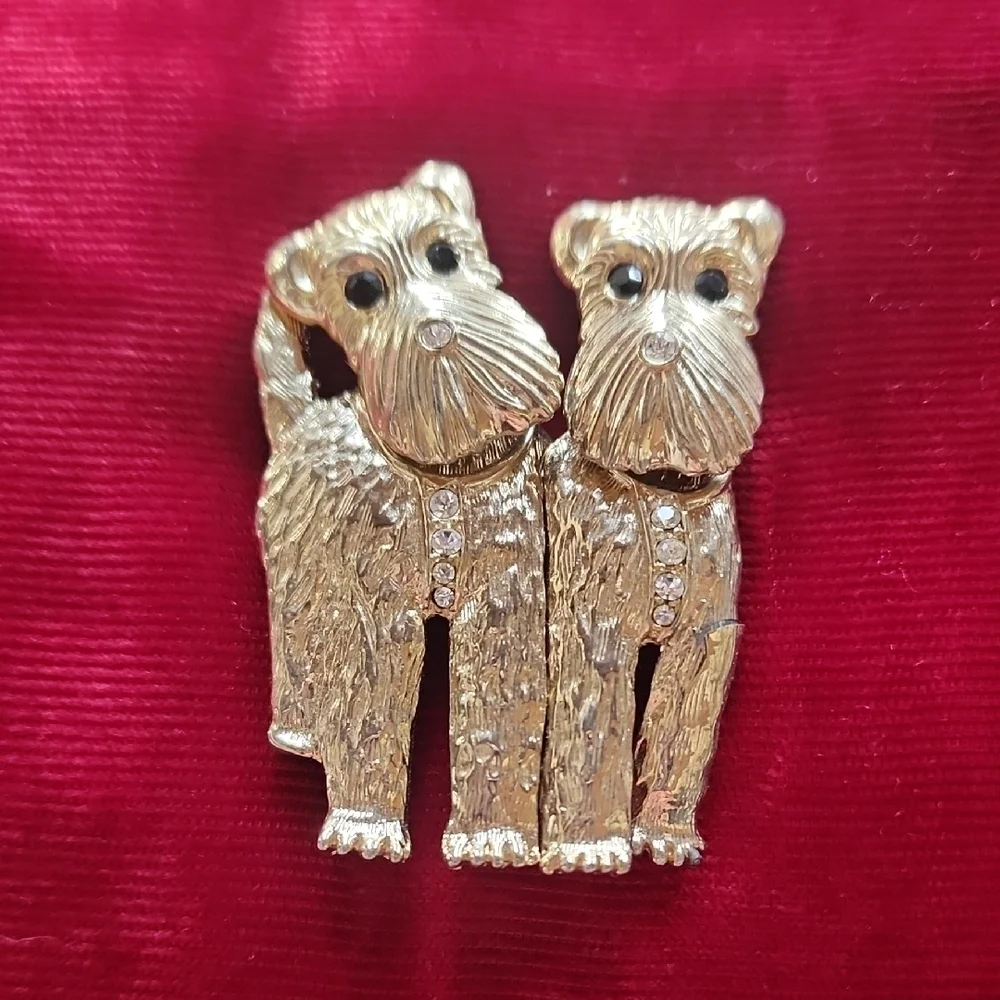 Gold Scottie Dog Brooch with Rhinestones